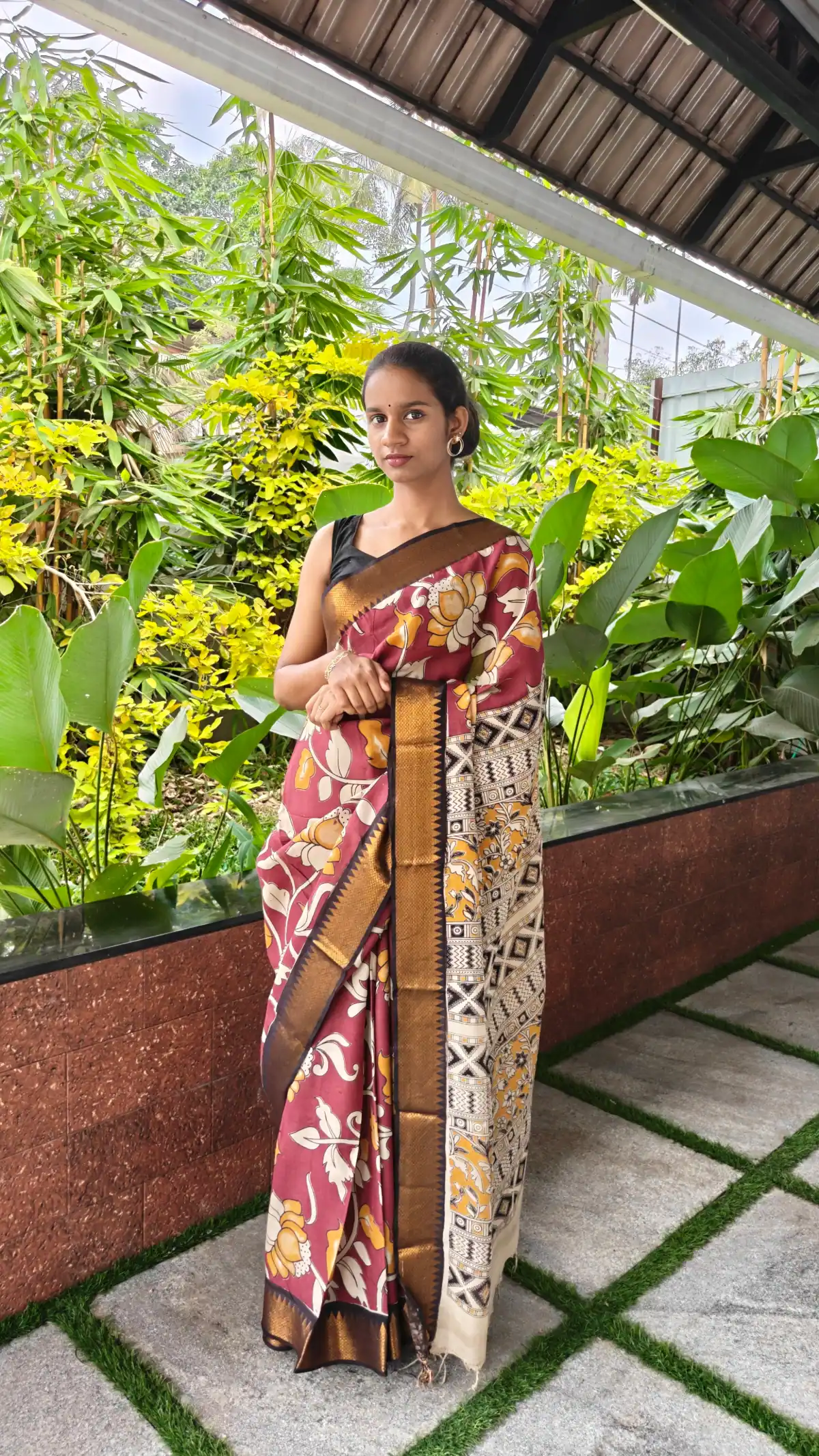 Dark Maroon Lotus Kalamkari Silk with Nizam Border Saree